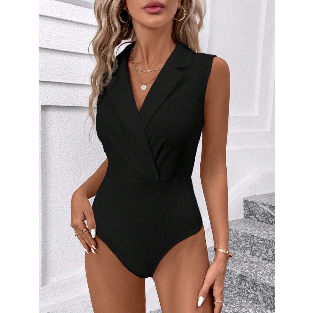 Black Bodysuit V-Neck Overlapping Collar Sleeveless - Picture 2 of 9